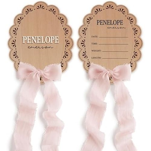 Personalized Wooden Baby Announcement Sign with Chiffon Bow - Custom Birth Stats Name Plate for Newborn Hospital Photo Prop - Nursery Wall Decor & Keepsake - 5, 6, 8, 10 Inch (05 - scalloped lace)