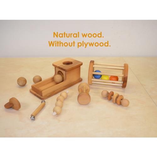 Set of 7 toys / Handmade Wooden Montessori Materials / Set of Rattles / Montessori Object Permanence Box with Tray and 3 Wooden Balls.