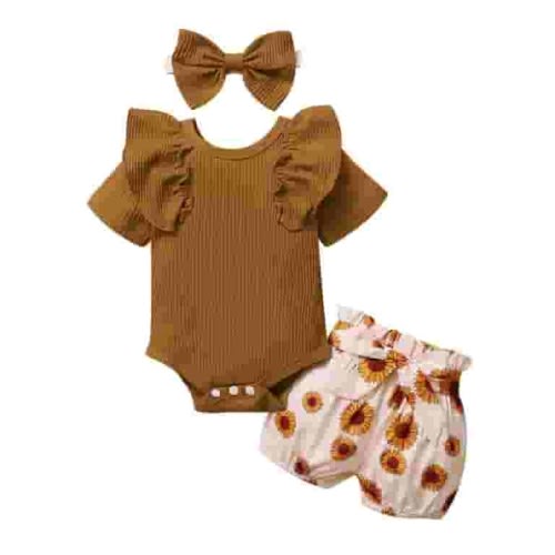 Odeerbi Baby Girls Boys Clothes Baby Rompers Toddler Ruffle Romper Bodysuit+Floral Print Shorts Headbs Outfits