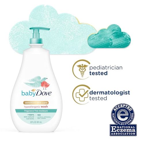 Baby Dove Sensitive Skin Care Baby Wash For Bath Time, Moisture Fragrance Free and Hypoallergenic, Washes Away Bacteria 20 oz (Pack of 2)