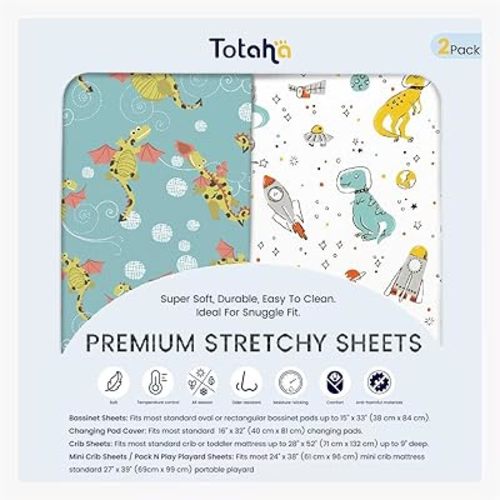 TotAha Premium Stretchy Dinosaur Crib Sheets (2-Pack)-Hypoallergenic, Silky Comfort, Buttery Soft, Calming Effect, All-Season Jersey-Knit Sheets, 9'' Extra Deep Pocket, Space Dino