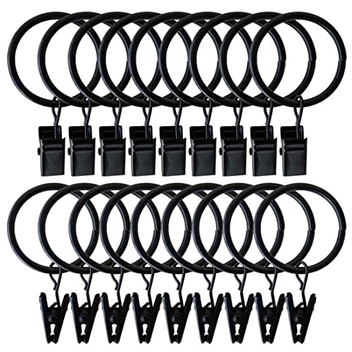 1.5 inch Curtain Rings, 20 Pcs Black Curtain Hooks, Rustproof Metal Curtain Rings with Clips, Solid Curtain Clips with Rings, Decorative Vintage Curtain Hooks