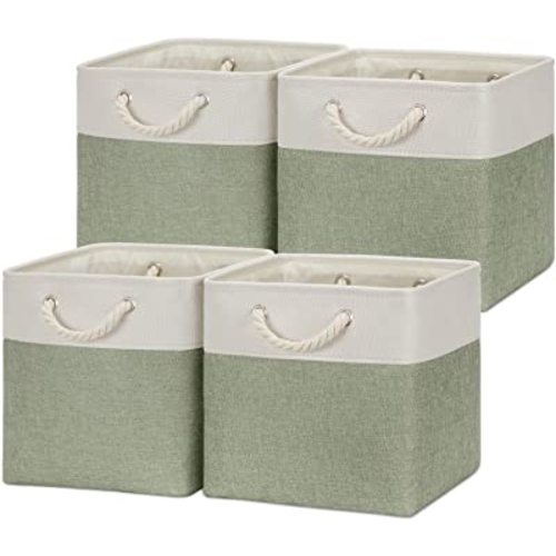 Temary Cube Storage Baskets for Shelves 12 Inch Storage Cubes 4pack Fabric Storage Baskets for Organizing Clothes, Closet Basket with Rope Handles for Home (White&Green)