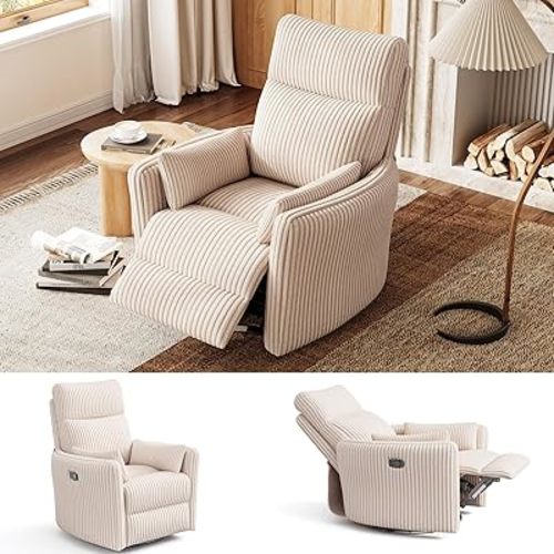 LINSY HOME 360 Swivel Nursery Rocking Chair with 2 Pillows, Corduroy High Back Adult Recliner for Small Spaces, Nursery Glider Rocker Chair, Bedroom Living Room Reclining Chairs (Beige)