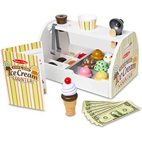 Melissa & Doug Wooden Scoop and Serve Ice Cream Counter (28 pcs) - Play Food and Accessories - Pretend Food Toys, Ice Cream Shop Toys For Kids Ages 3+