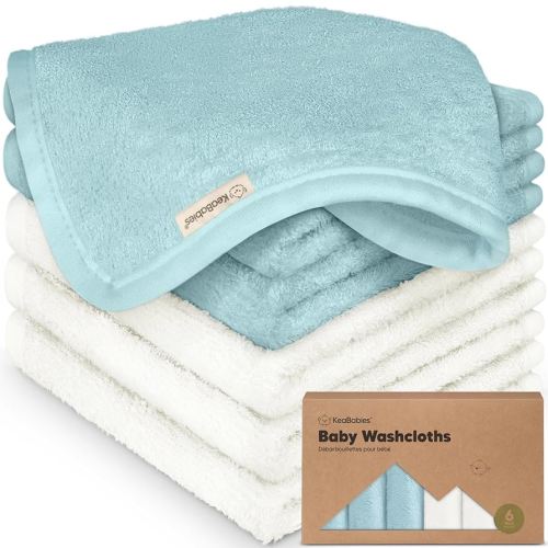 6-Pack Soft Baby Washcloths, Viscose from Bamboo - Kids, Newborn Bath Towels, Infant Shower, Toddler Reusable Face Towel, Gentle on Skin, Face Wash Cloths for Babies, 10x10 (White/Sky)