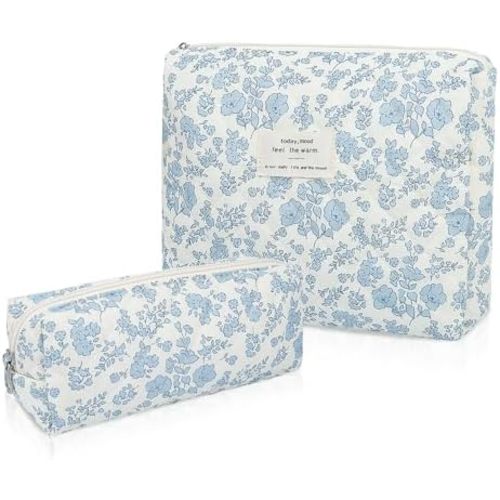 Gosect 2PC Makeup Bag Set, Cute Cosmetic Bag for Women Girls, Floral Coquette Aesthetic Toiletry Bag, Travel Make Up Organizer Bag (Blue Floral)