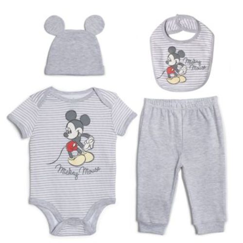 Disney Mickey Mouse Newborn Baby Boys Bodysuit, Pants, Bib And Hat 4 Piece Outfit Set White/gray Newborn