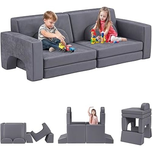 Kids Couch, 10PCS Modular Kids Play Couch, 3s Instant Inflating Nugget Couch Kids for Boys and Girls, Creative and Convertible Kids Couch for Playroom, Bedroom, Classroom, Grey