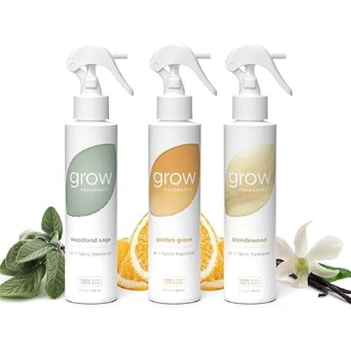 Grow Fragrance 100% Plant-Based Air Freshener Spray | Freshen Fabric & Rooms | Golden Grove, Woodland Sage, Blondewood Scents | Made with Natural Essential Oils - Variety 3 Pack, 5 oz each
