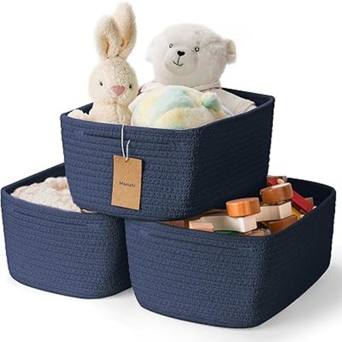 3-Pcs Shelf Baskets for Organizing, Closet Organizer Bins, Small Woven Baskets, Rope Toy Basket, Storage Basket for Shelves, Cube Decorative Box, 11.5×7.5×5.1”, Navy Blue