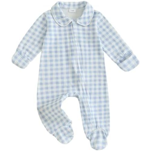 BULINGNA Newborn Baby Boy Girl Gingham Footed Romper Peter Pan Collar Infant Long Sleeve Zipper Jumpsuit Coming Home Outfit