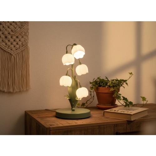 Green Lily of the Valley Flower Lamp, Vintage Bedside Table Lamp, 5 Head Floral Nightstand Light, 3 Color Modes G4 LED