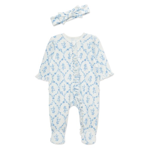 9M Trellis Rose Ruffle Cotton Footie & Headband Set