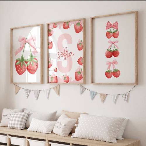 Strawberry Print set of 3, Strawberry Wall Art, Coquette Print, Pink Nursery Print, Strawberry Nursery, Coquette Wall Art, Strawberry Decor