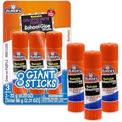 Elmer's Disappearing Purple School Glue Sticks, Washable, 22 Grams, 3 Count