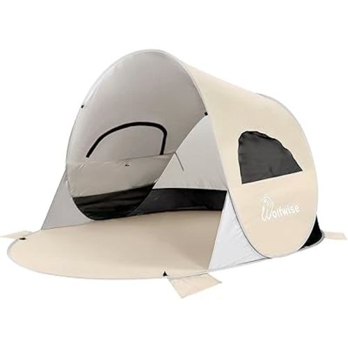 WolfWise UPF 50+ Easy Pop Up 3-4 Person Beach Tent Sport Umbrella Instant Sun Shelter Tent Sun Shade Canopy, Beige
