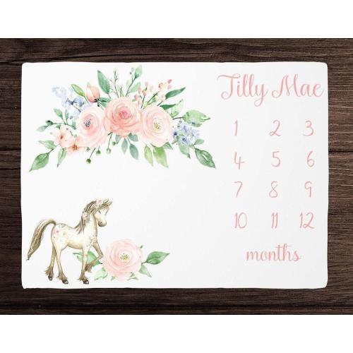 Pony Milestone Blanket Girl- Floral Monthly Growth Blanket-Personalized Baby Girl Blanket with Horse -Baby Shower Gift - Farm Milestone