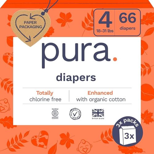 Pura Size 4 Eco-Friendly Diapers (18-31lbs) TCF Hypoallergenic, Soft Organic Cotton, Sustainable, up to 12 Hours Leak Protection, Allergy UK, Recyclable Packaging, 3 Packs of 22 (66 Diapers)