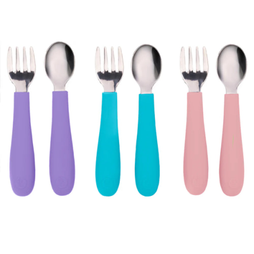 WeeSprout | Stainless Steel & Silicone Toddler Utensils with Silicone Lid | Set of 6 | 3 Forks + 3 Spoons