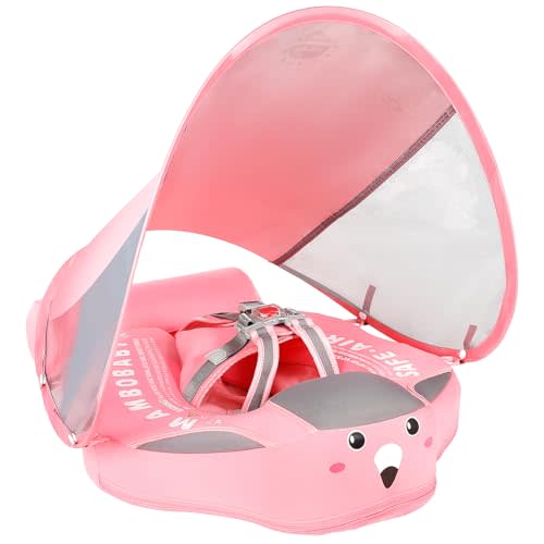 Mambobaby Non-Inflatable Baby Pool Float with Tail and Canopy UPF 50+ Sun Protection No Flip Over Infant Swim Float Skin-Friendly Mambo Float Swim Trainer Solid Baby Swimming Ring Aged 3-24 Months