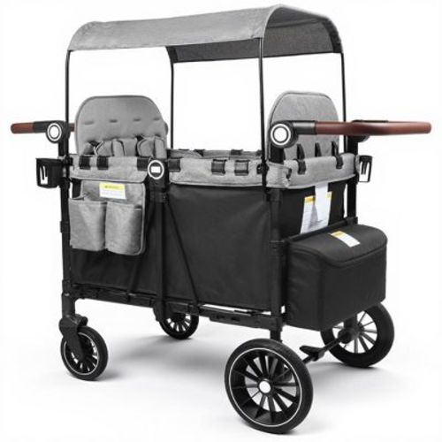 TODECARE 4-Seat Foldable Wagon Stroller with Harnesses, Adjustable Double Push Handle, Canopy, Snack Tray & Storage Bag, Black & Gray