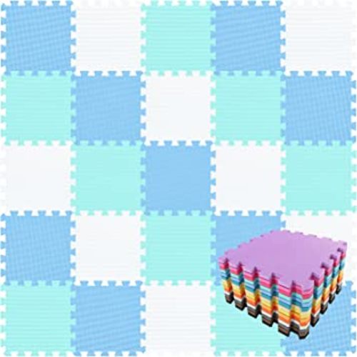 qqpp EVA Rubber 18 Tiles Interlocking Puzzle Foam Floor Mats - Baby Play Mat for Playing | Exercise Mat for Home Workout. White, Blue, Green. QC-AGHb18N