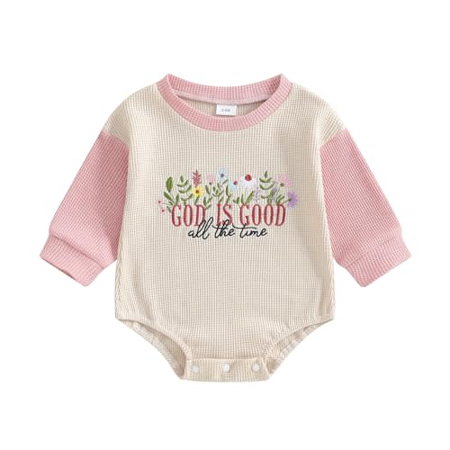Doqcey Baby Girl Christian Clothes God is Good Flower Embroidery Bubble Romper Waffle Long Sleeve Bodysuit Fall Outfits