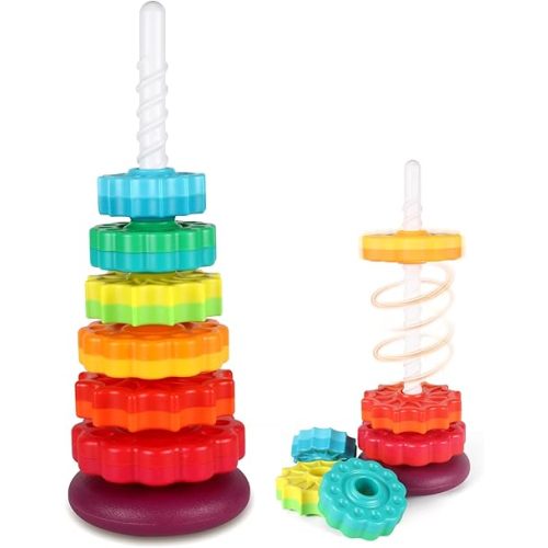Baby Spinning Stacking Toys for Toddlers 1-3, Rainbow Ring Stacker Montessori Toys for Babies 6-12 Months, 1 2 3 One Year Old Girl Boy Christmas Birthday Gifts, Autism Sensory Learning Toy