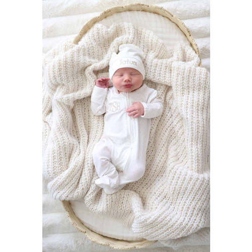 Picot Trim Bamboo Zipper Footie in Baby Taupe | Caden Lane