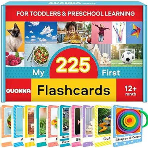 QUOKKA 225 Flash Cards for Toddlers 1-3 – Alphabet & First Words Flashcards with Rings – Toddler Educational Toys for Learning – Fun Big Size Letter Flashcards for Toddlers 3-5 Years
