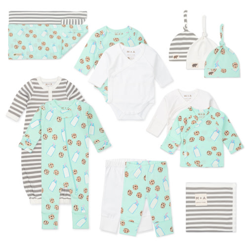 M+A by Monica + Andy Baby Cotton Gift Box Set, Preemie-3 Months, Milk + Cookies, 14-Piece