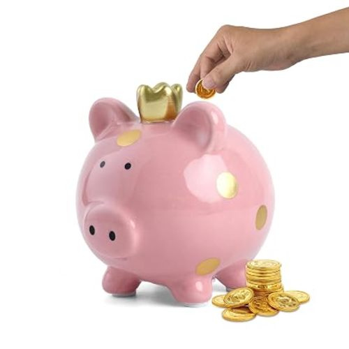 SOBEIT Crown Piggy Bank, Small Coin Bank, Princess Piggy Bank Coin Bank Money Saving Bank for Kids Girls Boys(Pink/4.64”L x 5.51”W x 5.19”H)