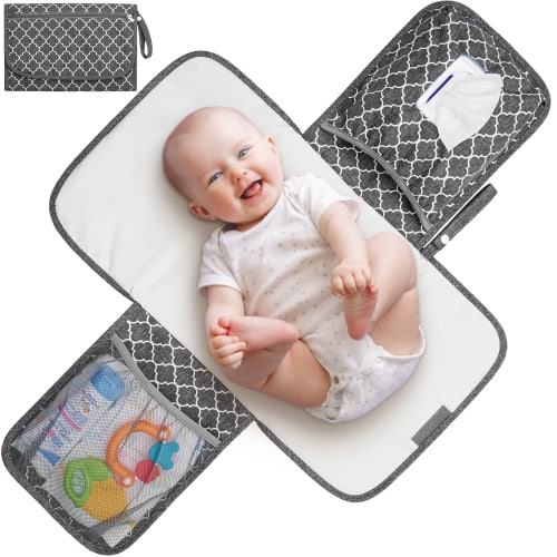 Baby Changing Pad (Gray), Portable & Waterproof Diaper Mat w/ Storage Pockets by EcoEarth