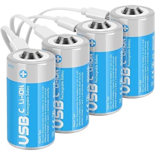 Rechargeable Lithium C Batteries with 4 in 1 USB-C Charge Cable,4 Pack C Cell Li-ion Battries,LR14 1.5V C Size Cell Battery Replacement 4100mWh for Floodlight Toys(4 Pcs)