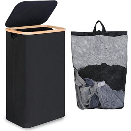 Slim Laundry Hamper, Narrow Laundry Basket with Lid,Foldable Clothes Hamper with Bamboo Handles,Hamper Basket with Removable Inner Bag for Laundry Room Bedroom College Dorm,75L Black
