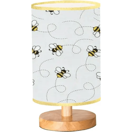 Dimmable Bedside Lamp Seamless with Flying Bees on a Dotted Route Cartoon Black and Yellow Desk Lamps Wooden Base Linen Lampshade Table for Bedroom Living Room Study Office Gift 5.5*11inches