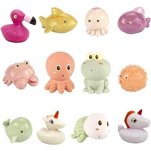 Baby Bath Toy, 12PCS Mold Free Silicone Bathtub Toy Set, Soft Chewable Animals Toys Teether w/ Water Spray & Floating Play, Educational Learning Skill Bathroom Toy for 6m+