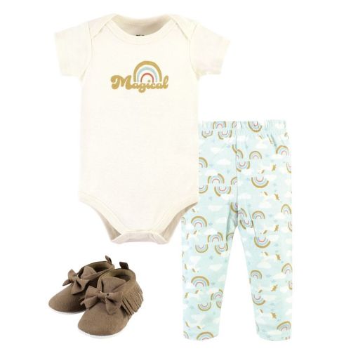 Hudson Baby Infant Girl Cotton Bodysuit, Pant and Shoe Set, Magical Rainbow Short Sleeve