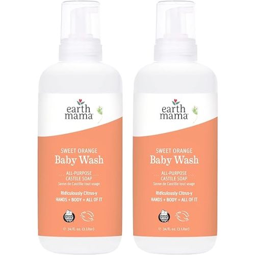 Earth Mama Sweet Orange Baby Wash Liquid Foaming Hand Soap Refill, Organic All Purpose Body Wash for Sensitive Skin, Castile Soap with Coconut Oil, Shea Butter, Calendula, & Aloe, 34 fl oz (2-Pack)