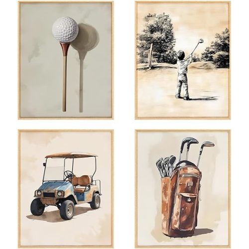 BRRNYOI Golf Nursery Wall Art Posters Set of 4, Sports Room Decor for Boys, Vintage Golf Club Course Cart Canvas Prints Wall Decor for Kids Boy Teen Bedroom Dorm Playroom, 8x10 Unframed