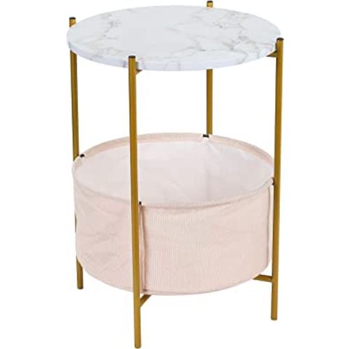 KSWIN Round Storage Side Table, 2-Tier End Table with Fabric Basket Gold Metal Frame, 16'' Faux Marble Top Nightstand Bedside Tables for Nursery Kids Living Room Bedroom, White