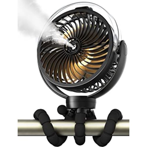Misting Stroller Fan, 6000mAh Battery Operated Portable Fan with Light & 360° Pivoting, Personal Fan with Flexible Tripod for Baby, Office, Travel,Treadmill,Outdoors