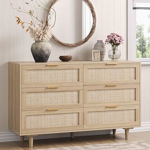 Angel Sar 47" Rattan Dresser for Bedroom, 6 Drawer Wood Dresser with Golden Handles, Boho Rattan Design & Solid Wood Legs, Long Chest of Drawers with Smooth Slides & Anti Tipping Device