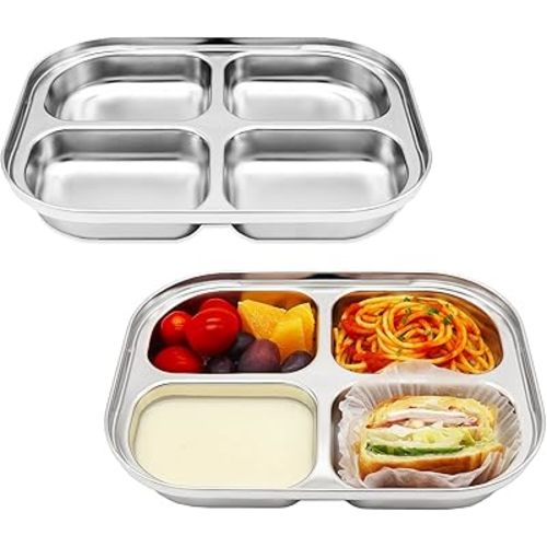 Korean Stainless Steel Divided Plates by KS&E, Little Kids Toddlers Babies Tray, BPA Free, Diet Food Control, Compact Serving Platter, Dinner Snack, 4 Compartment Plate Silver, Set of 2