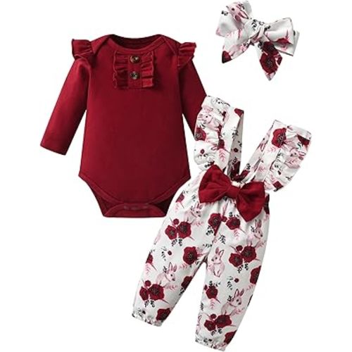 Ensemble de 3 pièces pour nouveau-né fille - Barboteuse à manches longues - Avec nœud floral - Pantalon - Bandeau