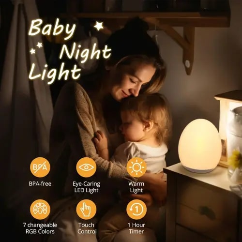 Portable Egg Night Light for Kids,Babies, Rechargeable Tap Light with 7 RGB Colors,Timer and Touch Control - TikTok Shop