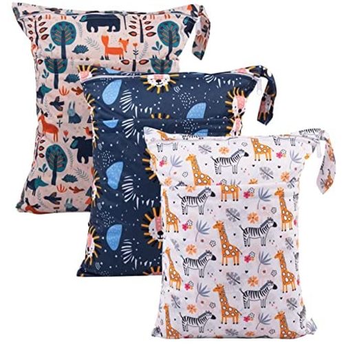 Babygoal Wet Dry Bags for Baby Cloth Diapers, Washable Travel Bags, Beach, Pool, Gym Bag for Swimsuits & Wet Clothes with Two Zippered Pockets 3 Pack, 3LN25