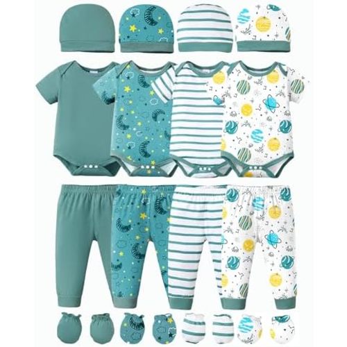 NZRVAWS Newborn Baby Boy Girl Clothes Unisex Infant Romper Pants Set Hat 4-Pack Outfits 0-12 Months 16 Pieces Toddler