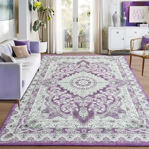 Foxmas 6x9 Area Rugs for Living Room, Machine Washable Vintage Rug, Non-Slip Low Pile Throw Rugs with Rubber Backing Washable Carpet for Bedroom Dining Room Kitchen Home Decor, Purple